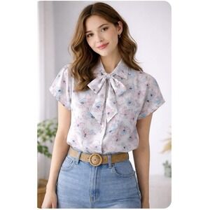 New 80's Floral Ladies Blouse Size 12 Button Down Necktie Cape Cod Sportswear